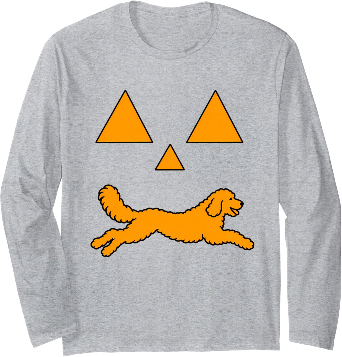 Goldendoodle Halloween Pumpkin Face Jack-o-Lantern Costume Long Sleeve T-Shirt - Adult Unisex Heather Grey