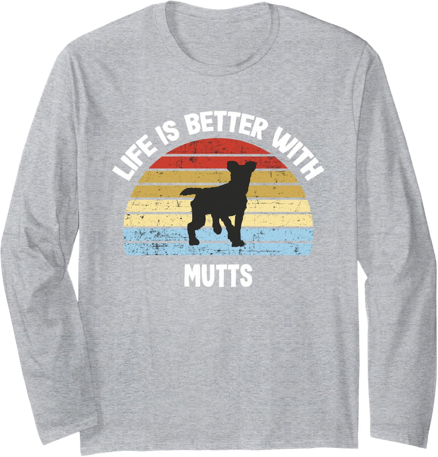 Retro Mutt Dog Gift Long Sleeve T-Shirt - Adult Unisex Heather Grey