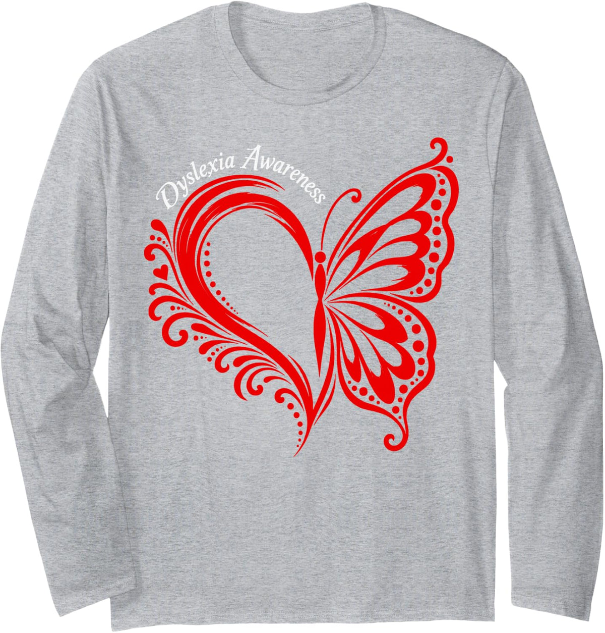 Butterfly Heart Dyslexia Awareness Long Sleeve T-Shirt - Adult Unisex Heather Grey