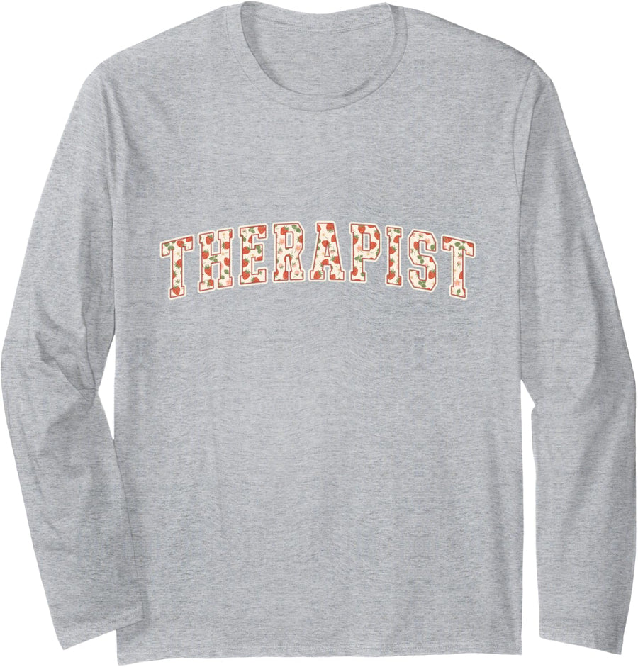 Therapist Strawberry Varsity Letters Counselor Mental Long Sleeve T-Shirt - Adult Unisex Heather Grey
