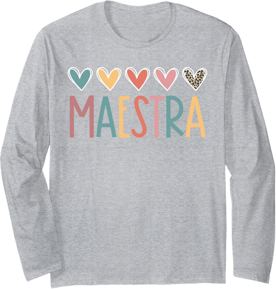 Maestra Spanish Bilingual Teacher Back to School Long Sleeve T-Shirt - Adult Unisex Heather Grey