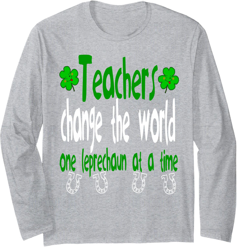 Teachers Change World Irish St Patrick 's Day Shamrock 2023 Long Sleeve T-Shirt - Adult Unisex Heather Grey