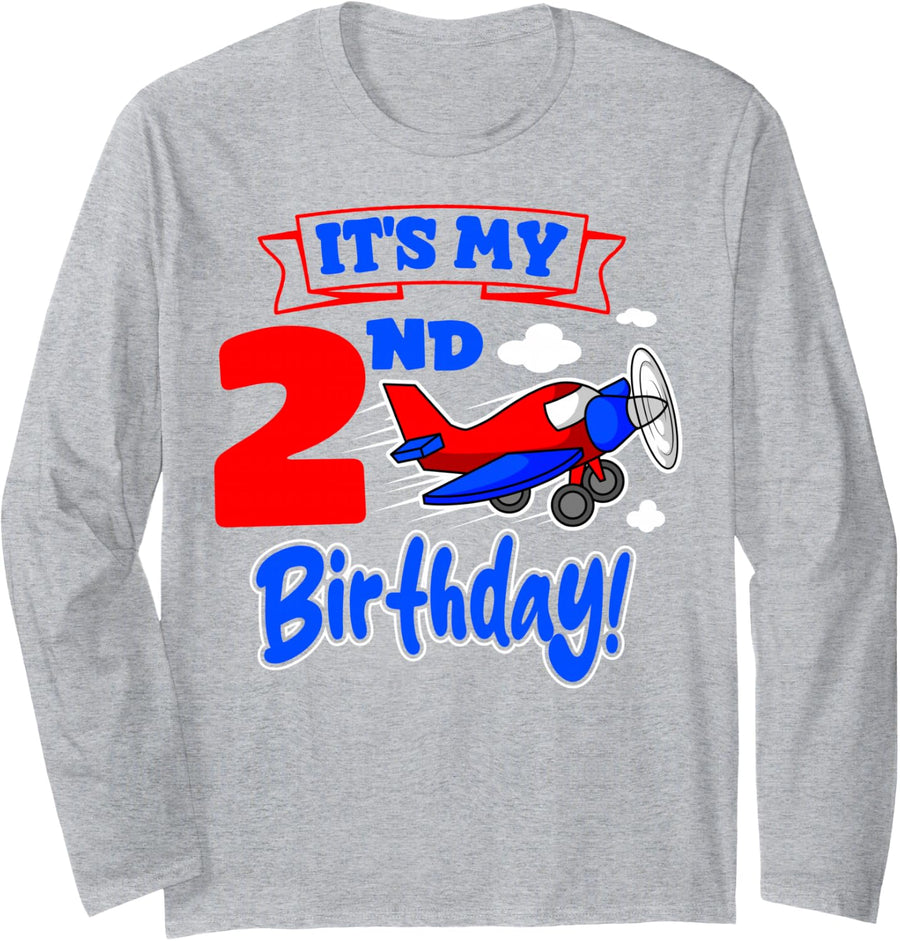 Pilot 2nd Birthday Party Airplane Flight Mechanic Aviator Long Sleeve T-Shirt - Adult Unisex Heather Grey