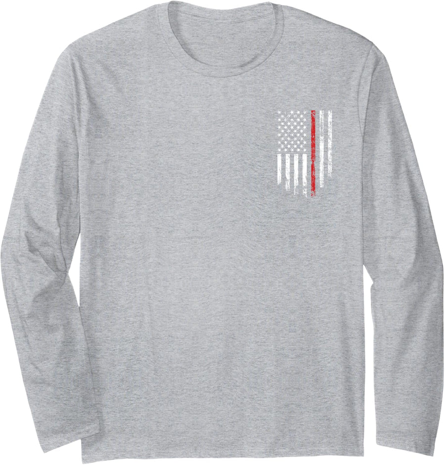 Thin Red USA Line American Flag Support Firefighter Respect Long Sleeve T-Shirt - Adult Unisex Heather Grey