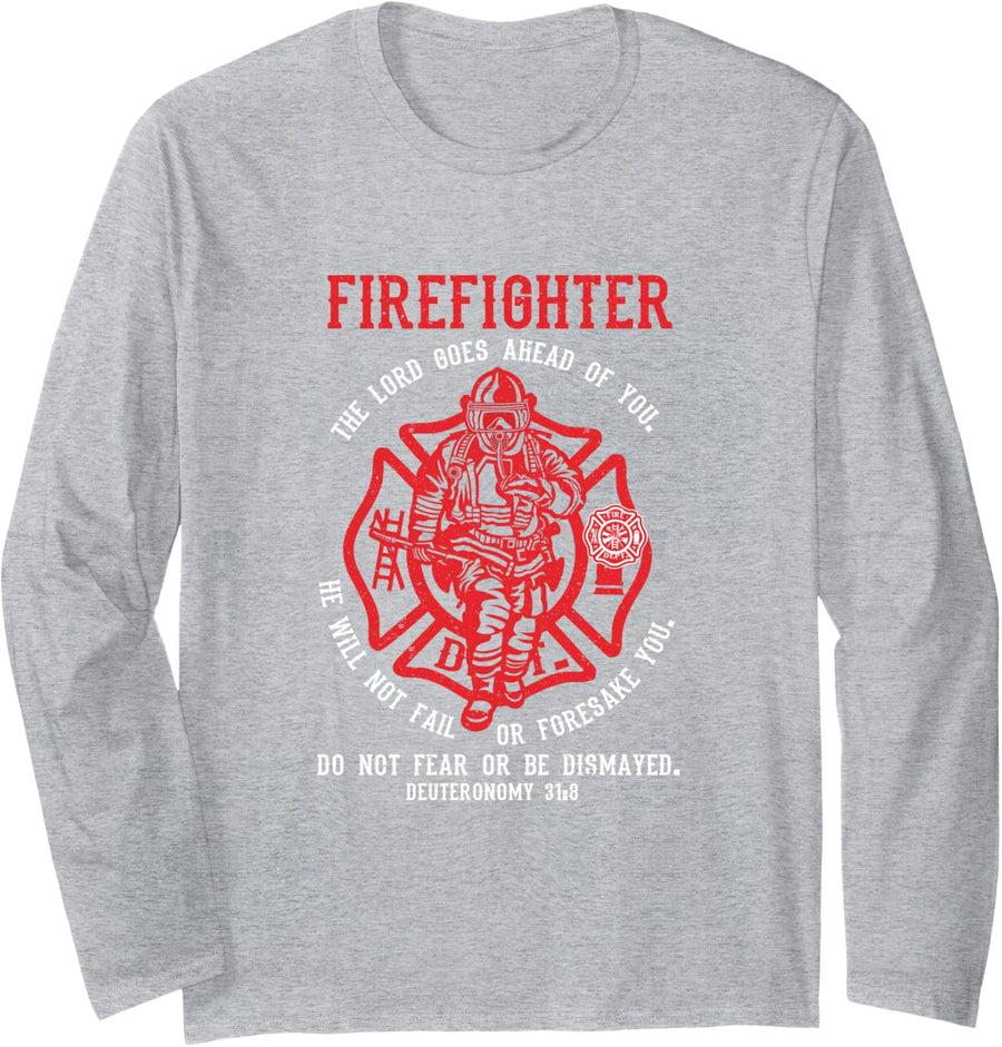 Bible Verse Christian Fire Fighter Shirt Long Sleeve - Adult Unisex Heather Grey