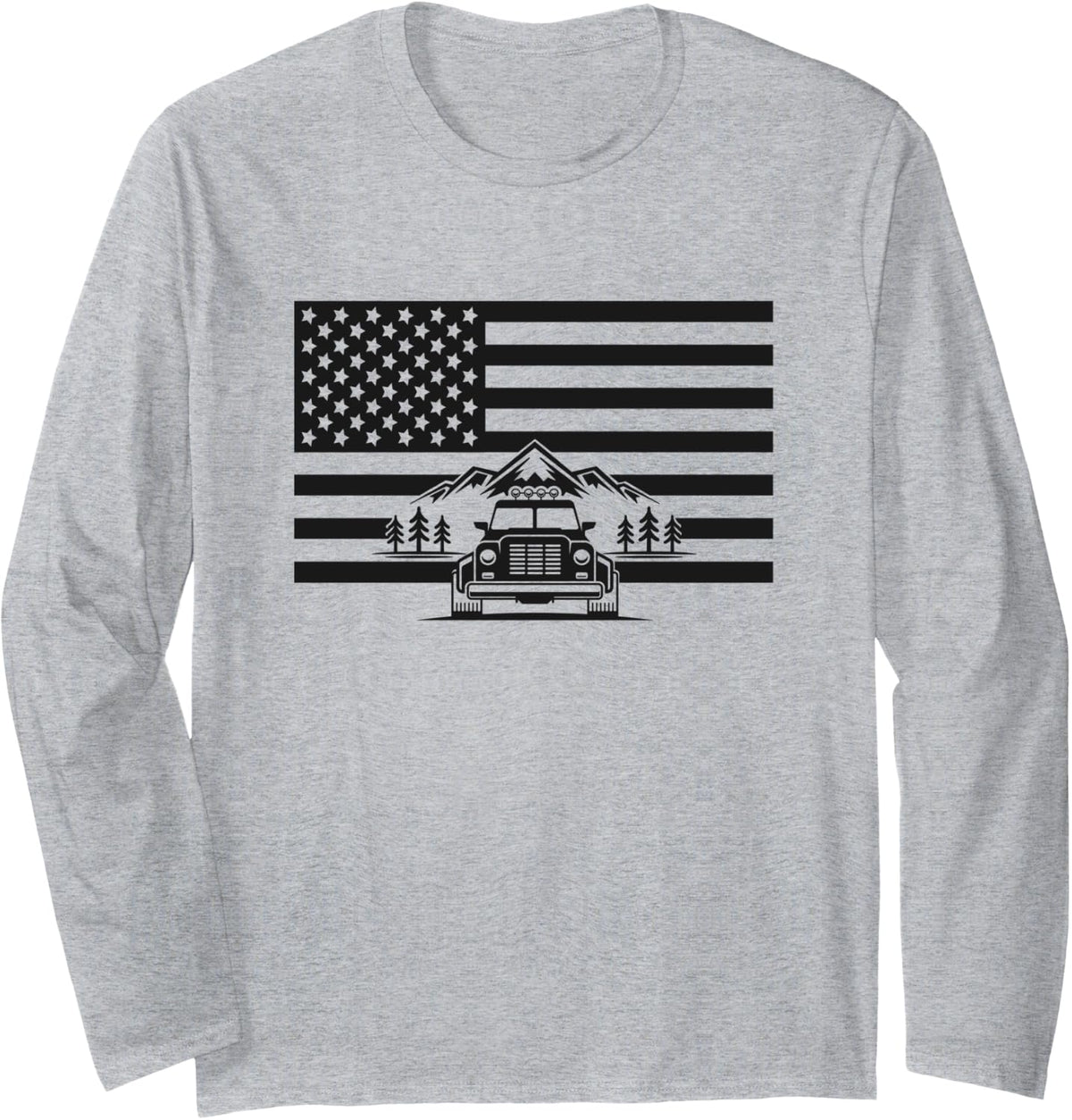 American Flag Off Roading Apparel - Overlanding Off Road Long Sleeve T-Shirt - Adult Unisex Heather Grey