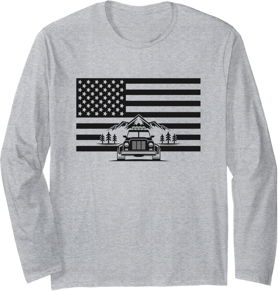 American Flag Off Roading Apparel - Overlanding Off Road Long Sleeve T-Shirt - Adult Unisex Heather Grey