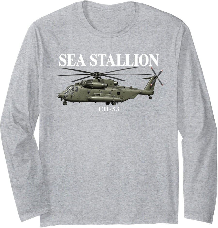 Sea Stallion Ch-53 Military Helicopter Long Sleeve T-Shirt - Adult Unisex Heather Grey
