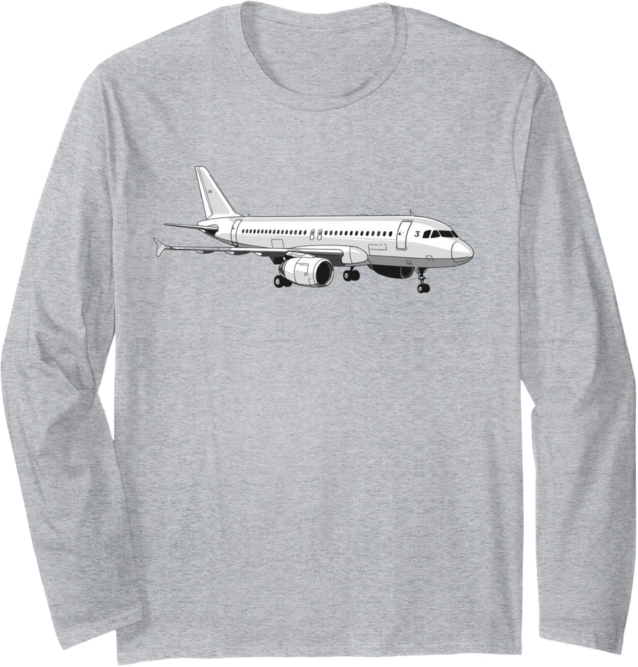 A320 Airplane Drawing Long Sleeve T-Shirt - Adult Unisex Heather Grey