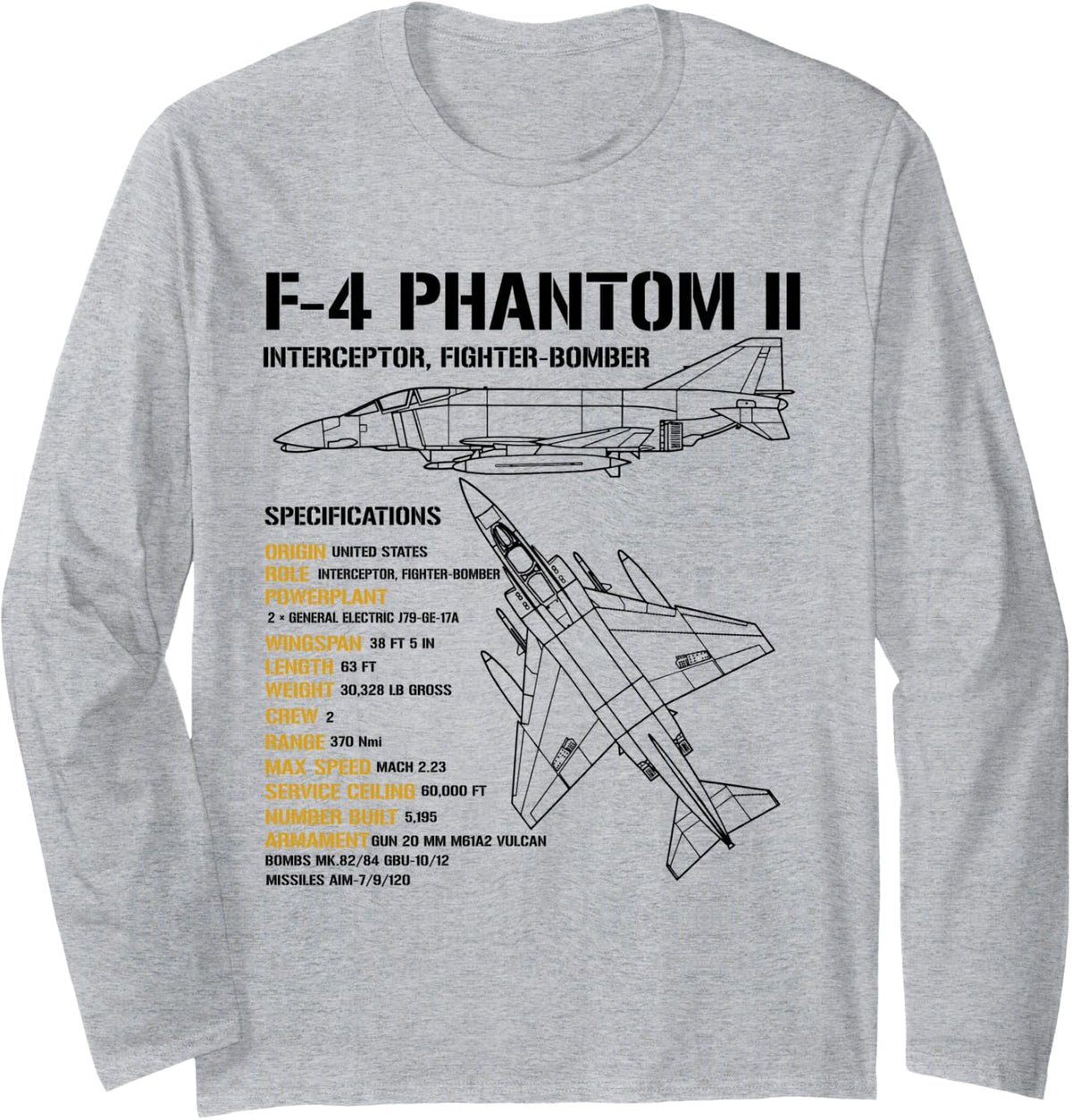F-4 Phantom II Interceptor Fighter Jet US Military Aircraft Long Sleeve T-Shirt - Adult Unisex Heather Grey
