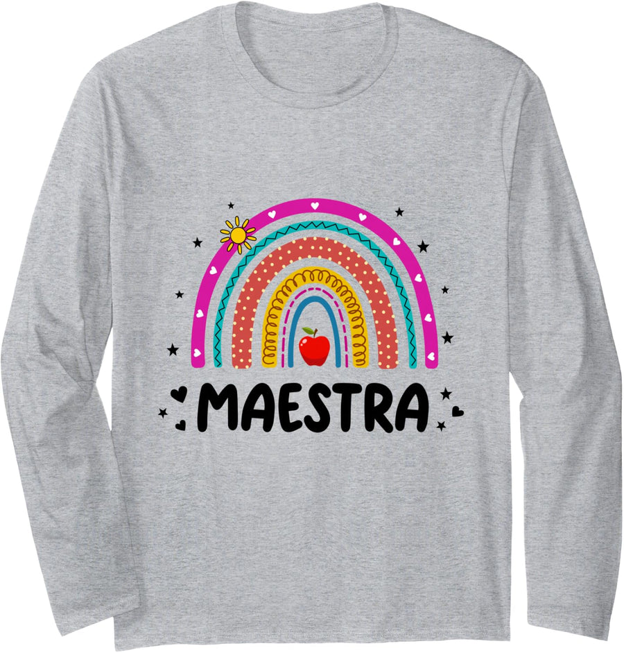 Maestra Spanish Teacher Rainbow Cool for Last Day of School Long Sleeve T-Shirt - Adult Unisex Heather Grey