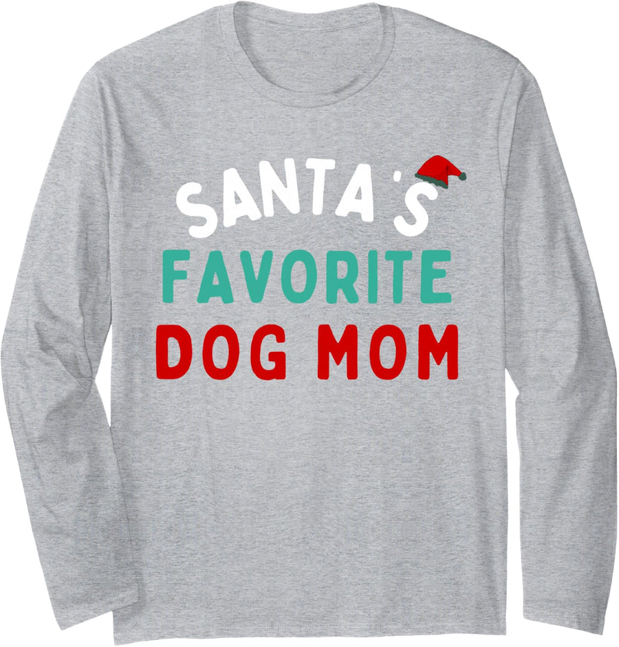 Santa's Favorite Dog Mom Funny Dog Santa Dog Mom Christmas Long Sleeve T-Shirt - Adult Unisex Heather Grey