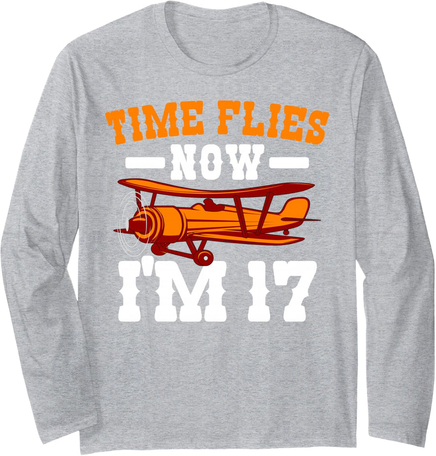 Pilot 17th Birthday Party Aviator Airplane Flight Mechanic Long Sleeve T-Shirt - Adult Unisex Heather Grey