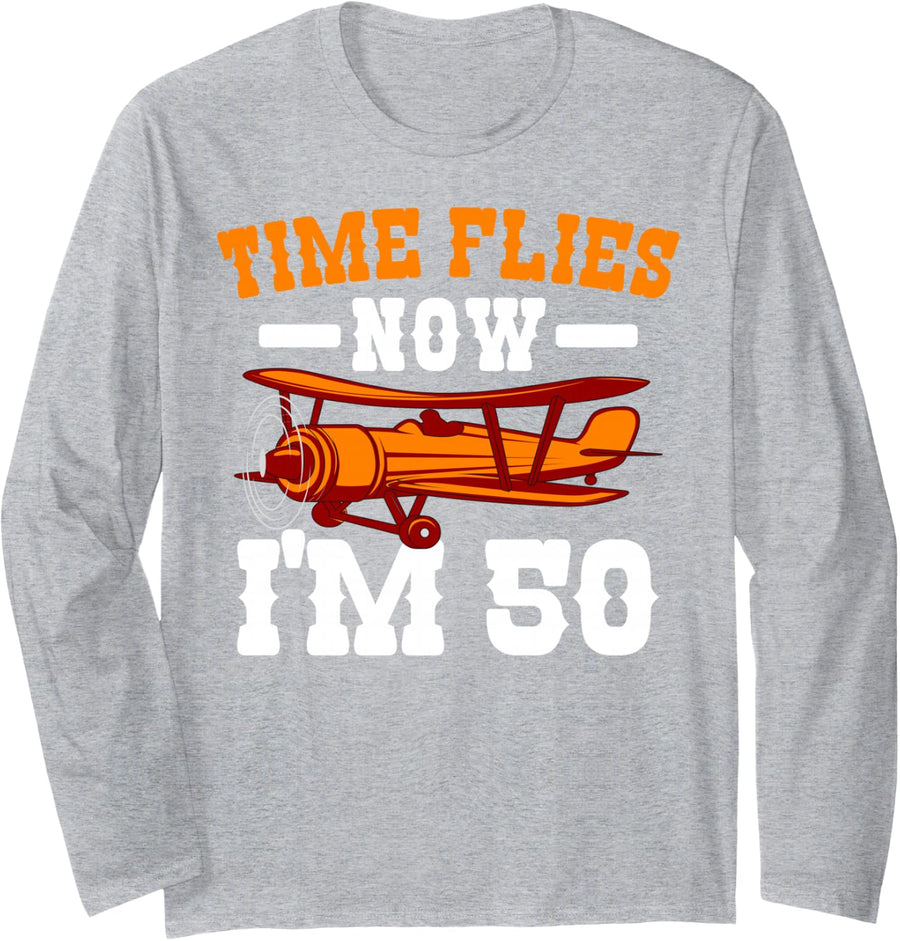 Pilot 50th Birthday Party Aviator Airplane Flight Mechanic Long Sleeve T-Shirt - Adult Unisex Heather Grey