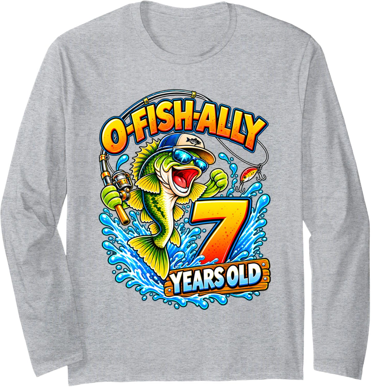 O-FishAlly 7 Years Old Fishing Kids 7th Birthday Funny Long Sleeve T-Shirt - Adult Unisex Heather Grey