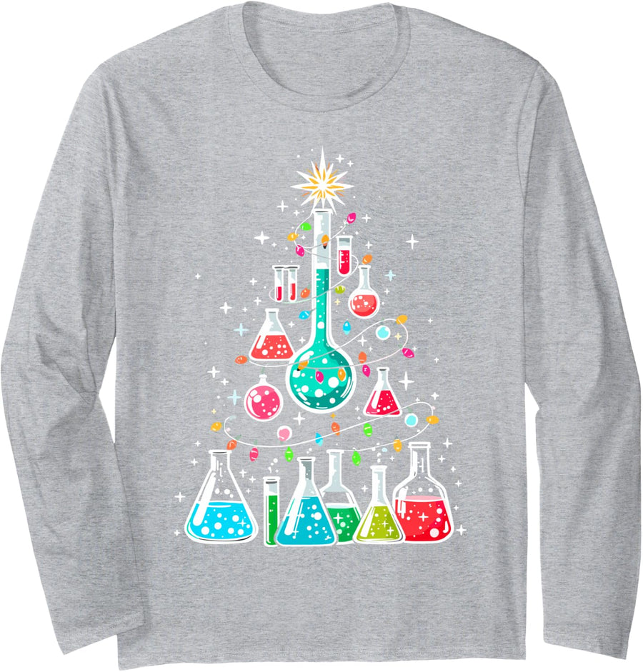Merry Christmas Xmas Tree Chemistry Teacher Santa Holidays Long Sleeve T-Shirt - Adult Unisex Heather Grey