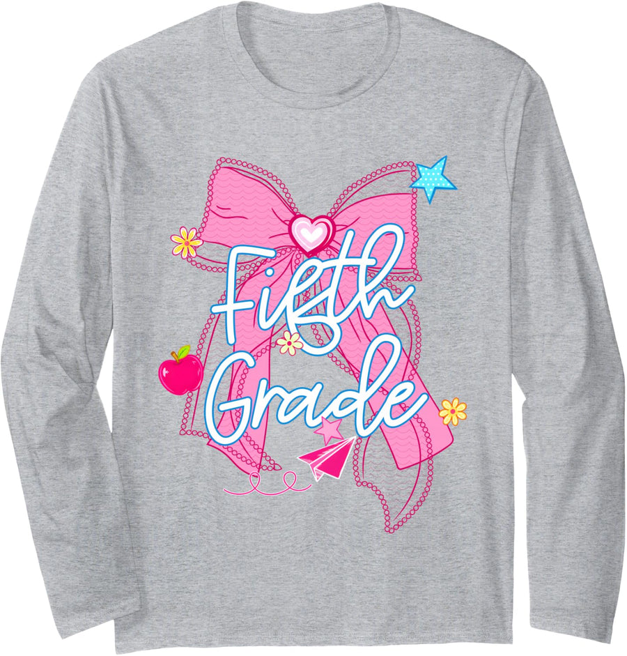 Back to School Pink Coquette Bow Fifth Grade Teacher Girl Long Sleeve T-Shirt - Adult Unisex Heather Grey