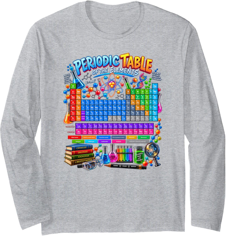 Periodic Table Chemistry Science Teacher Student Art Long Sleeve T-Shirt - Adult Unisex Heather Grey