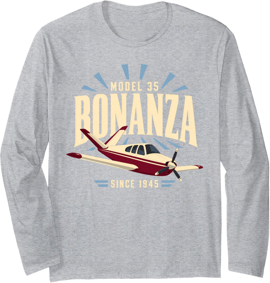 Model 35 Bonanza Since 1945 Airplane Long Sleeve T-Shirt - Adult Unisex Heather Grey