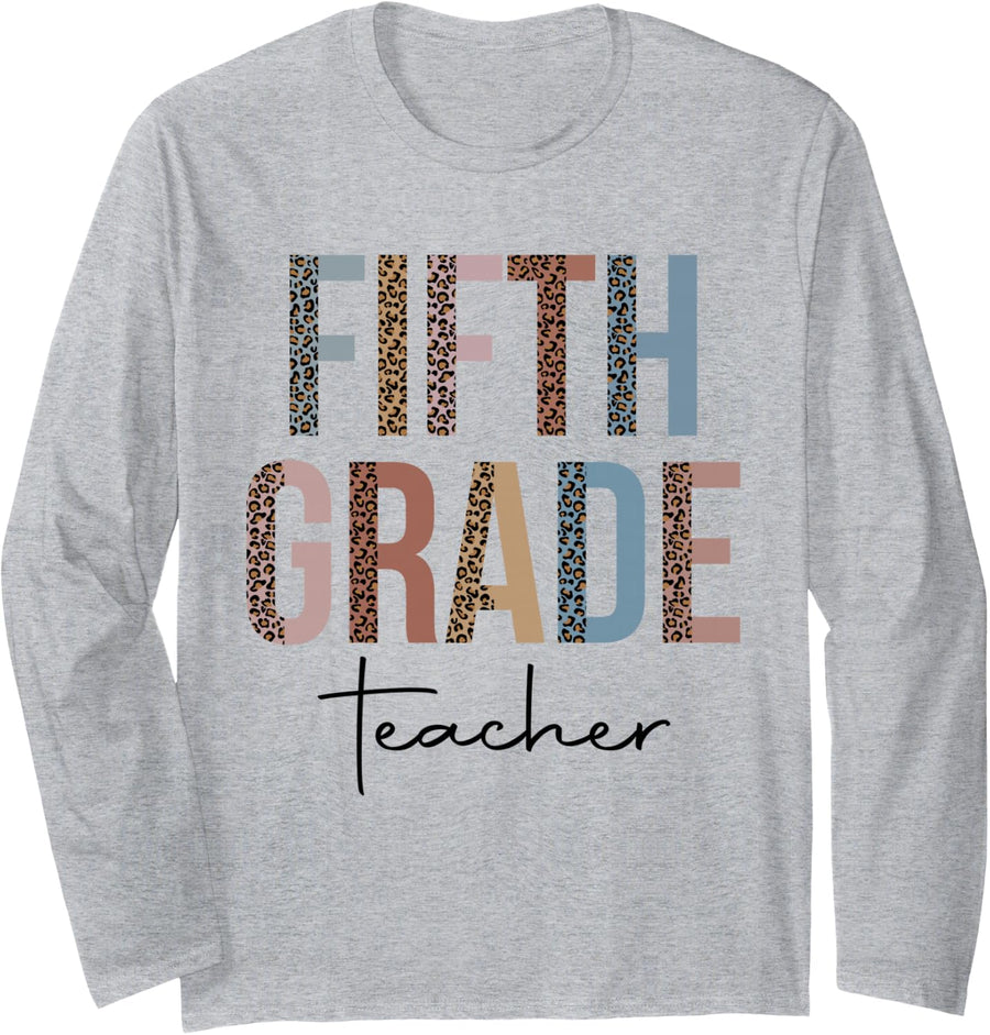 Hello Fifth Grade Leopard First Day of School Teacher Tees Long Sleeve T-Shirt - Adult Unisex Heather Grey