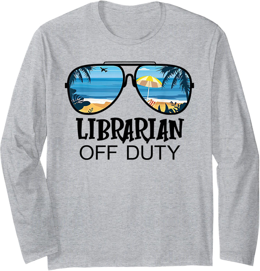Librarian Off Duty Sunglasses Beach Summer Long Sleeve T-Shirt - Adult Unisex Heather Grey