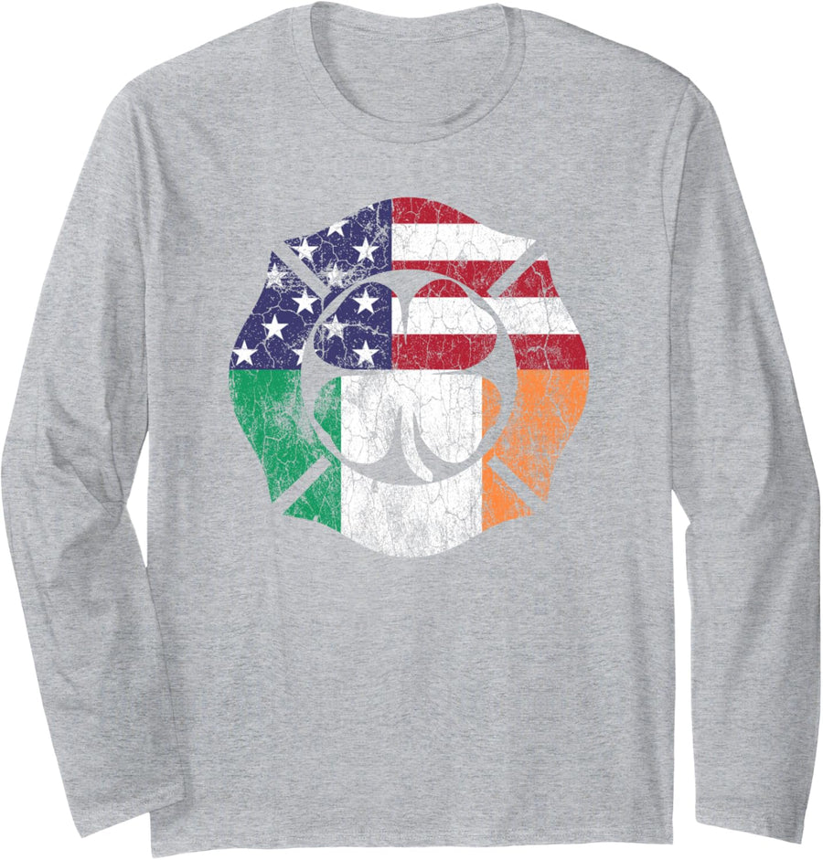 St. Patrick's Day Shirt Firefighter Irish American Flag Gift Long Sleeve T-Shirt - Adult Unisex Heather Grey