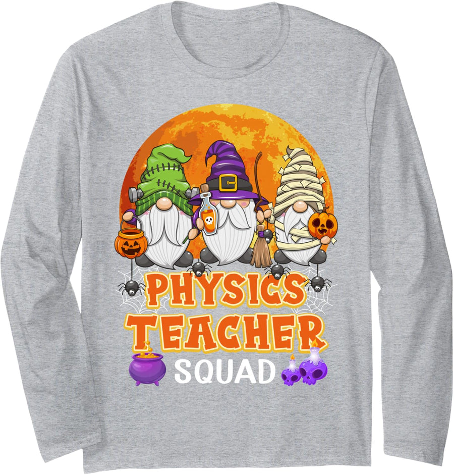 Physics Teacher Squad Halloween Teachers Gnome Matching Long Sleeve T-Shirt - Adult Unisex Heather Grey