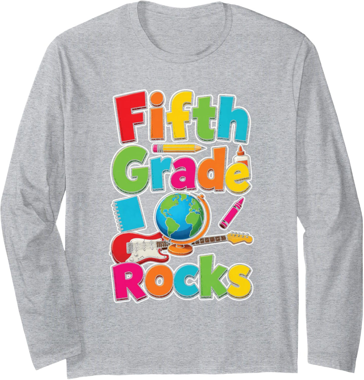 5th Grade Rocks Guitar Kids First Day Elementary School Long Sleeve T-Shirt - Adult Unisex Heather Grey
