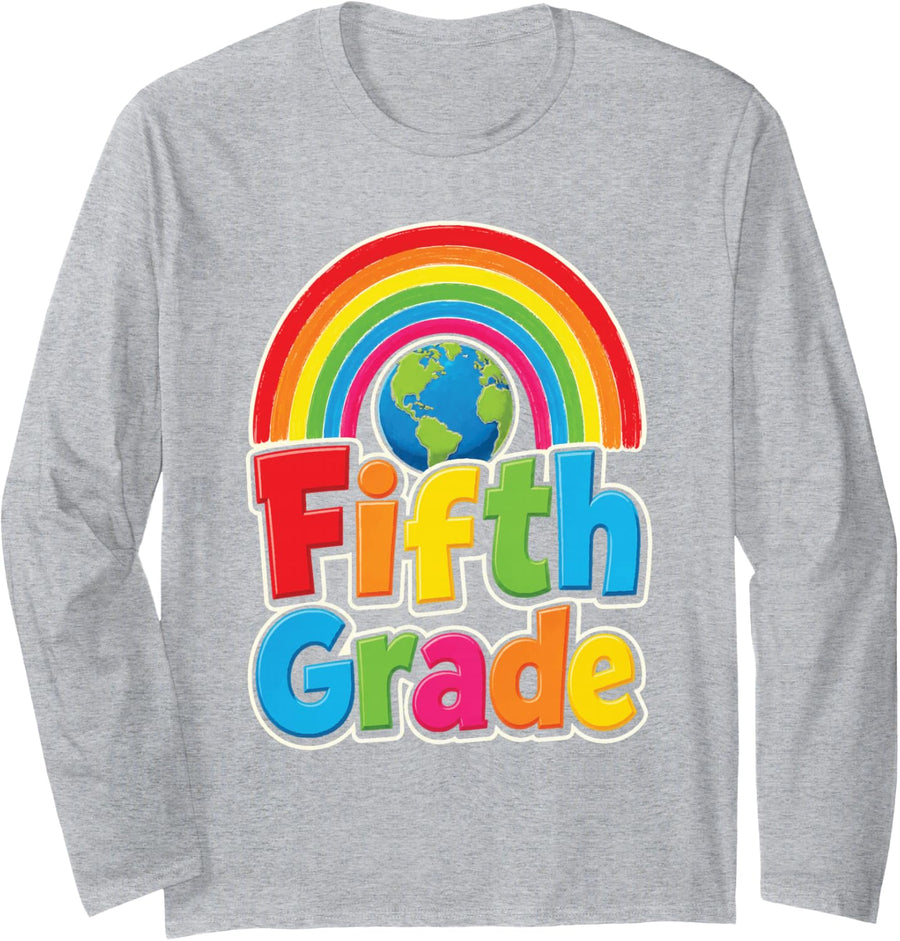 5th Grade Fifth Elementary First Day Globe Rainbow Kids Long Sleeve T-Shirt - Adult Unisex Heather Grey