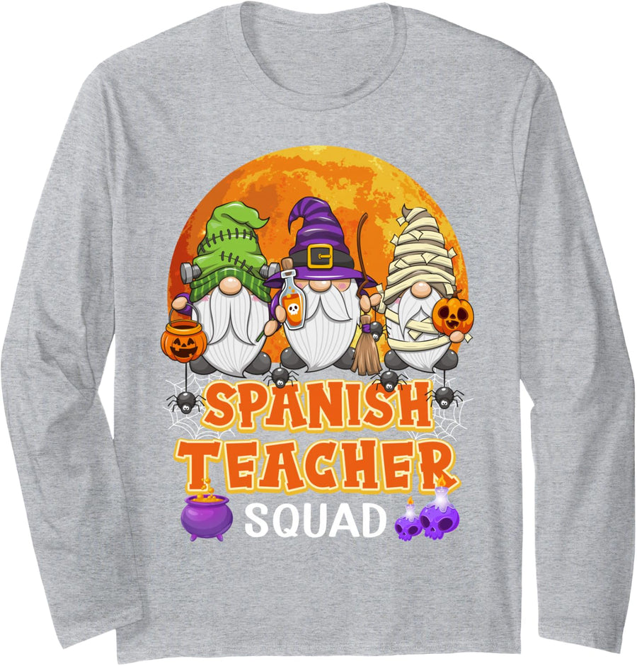 Spanish Teacher Squad Halloween Gnome Matching Long Sleeve T-Shirt - Adult Unisex Heather Grey