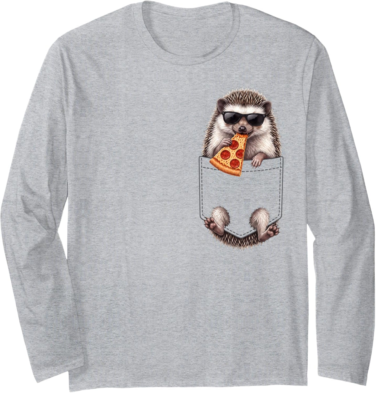 Hedgehog Pocket Pizza Slice Italian Food Lover Long Sleeve T-Shirt - Adult Unisex Heather Grey
