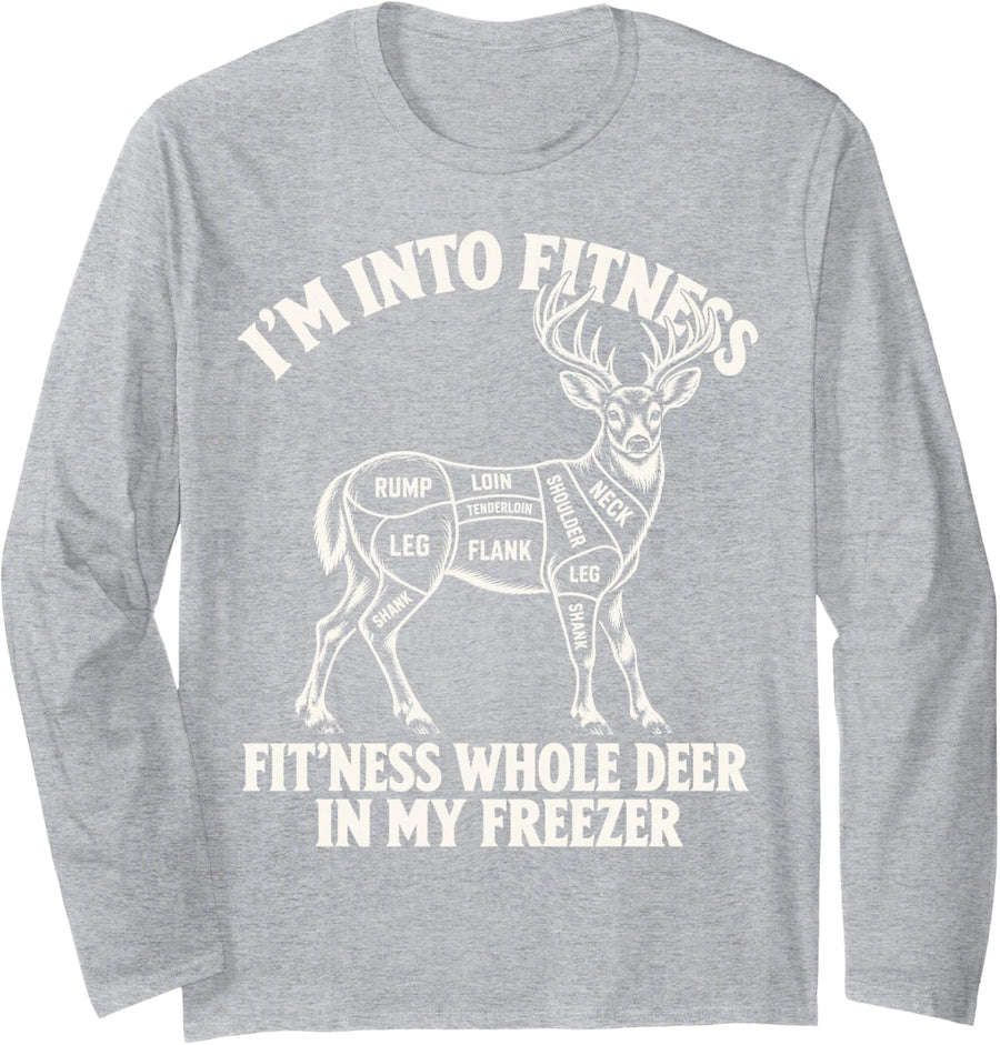 Fit'ness Whole Deer in My Freezer Deer Hunting Humor Long Sleeve T-Shirt - Adult Unisex Heather Grey