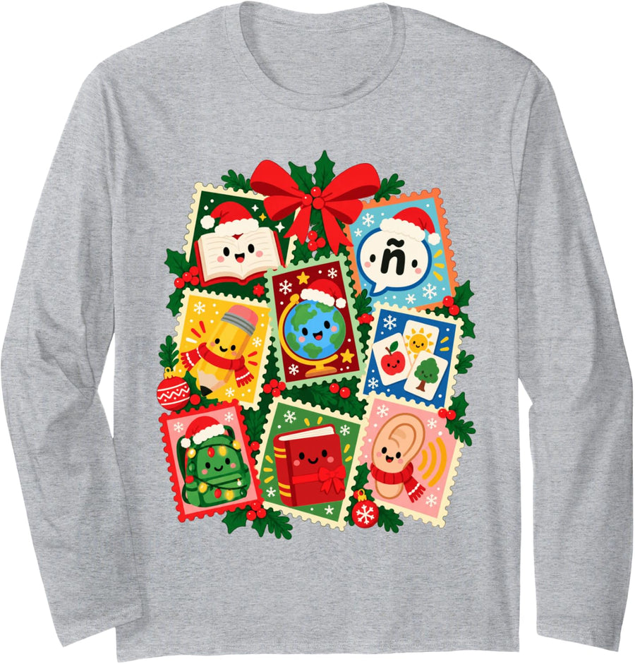 Spanish Teacher Christmas Language Classroom Stamp Art Long Sleeve T-Shirt - Adult Unisex Heather Grey