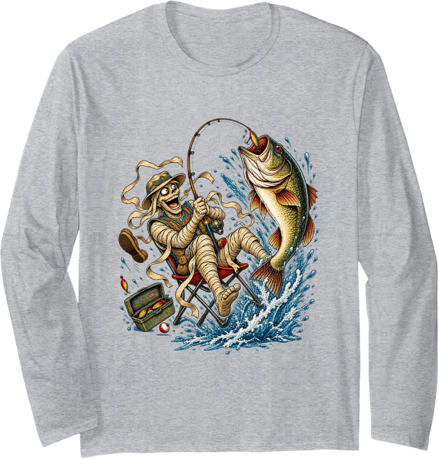 Funny Fishing Mummy Bass Angler Egyptian Skeleton Long Sleeve T-Shirt - Adult Unisex Heather Grey