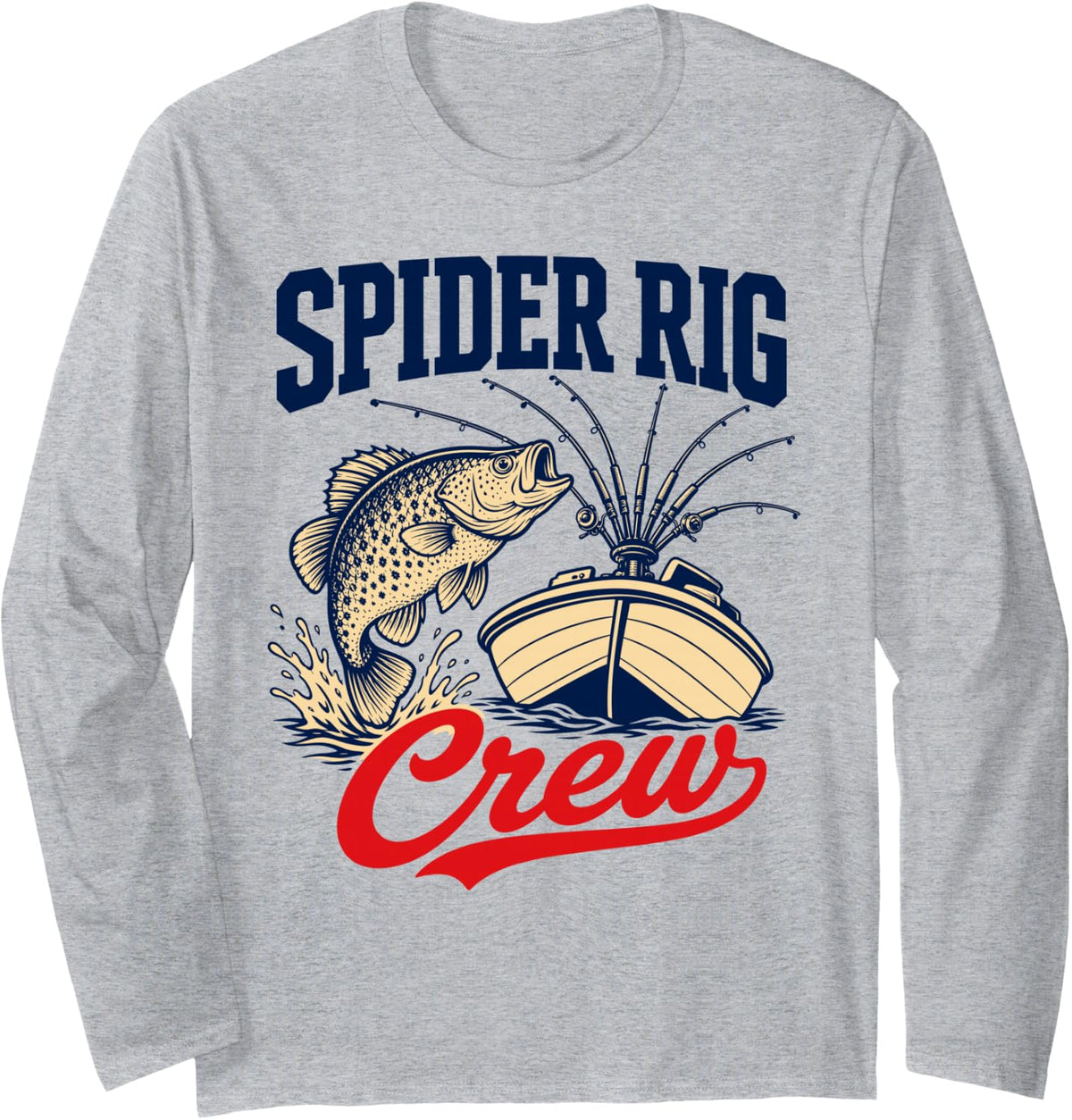 Spider Rig Crew Crappie Fishing Rods Long Sleeve T-Shirt - Adult Unisex Heather Grey