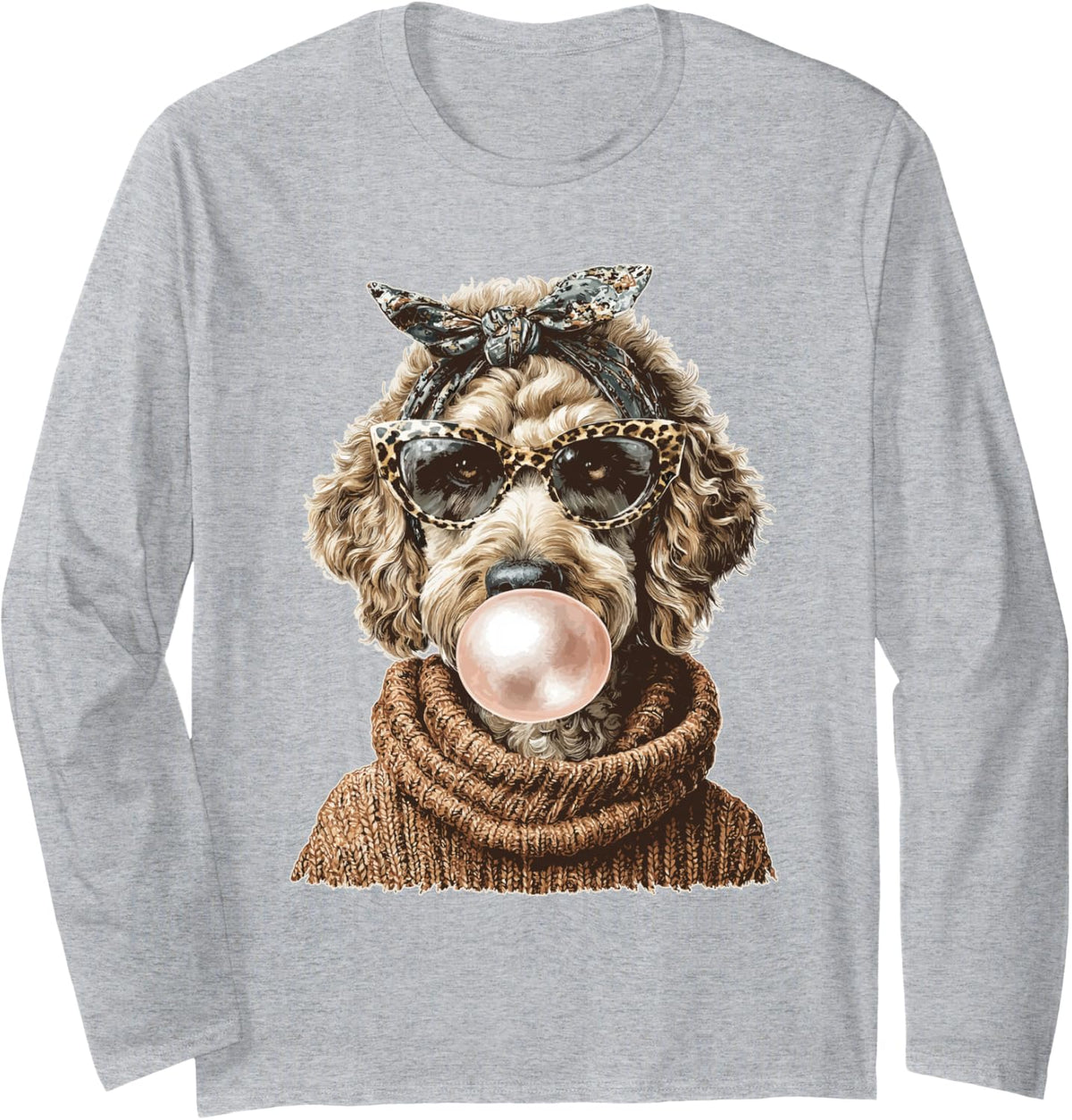 Goldendoodle with Bubblegum Leopard Bow Autumn Dog Coquette Long Sleeve T-Shirt - Adult Unisex Heather Grey