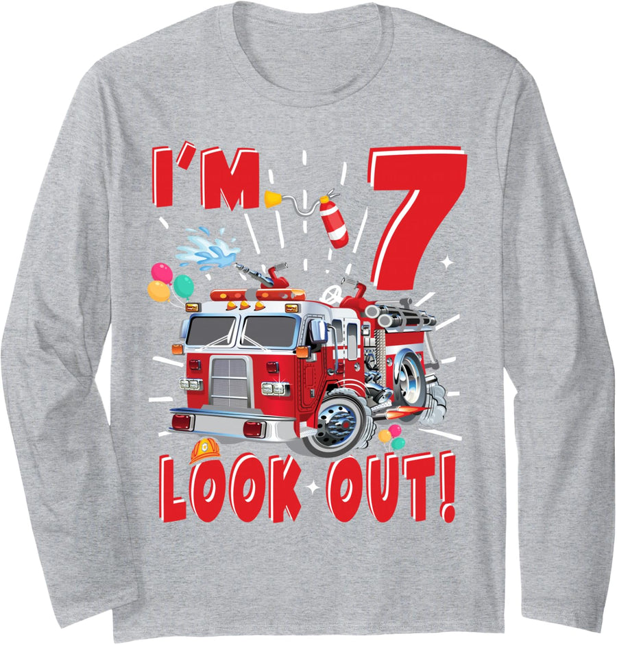 Seven 7th Birthday Fire Truck Boy 7 Year Old Firefighter Long Sleeve T-Shirt - Adult Unisex Heather Grey