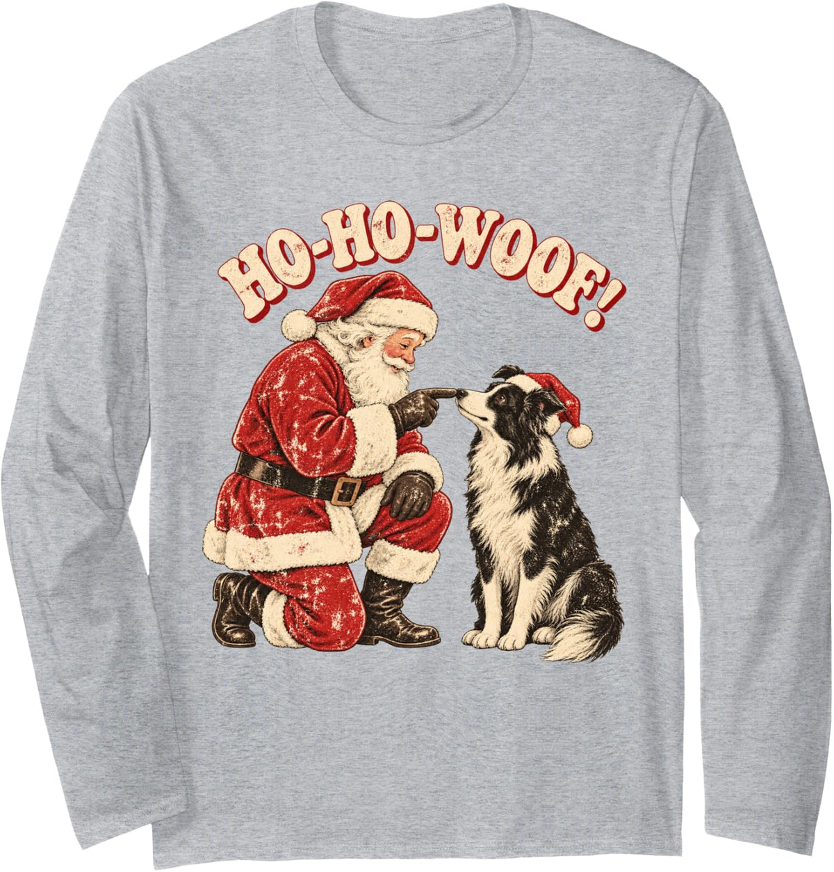 Santa Border Collie Retro Christmas Dog Ho Ho Woof Long Sleeve T-Shirt - Adult Unisex Heather Grey