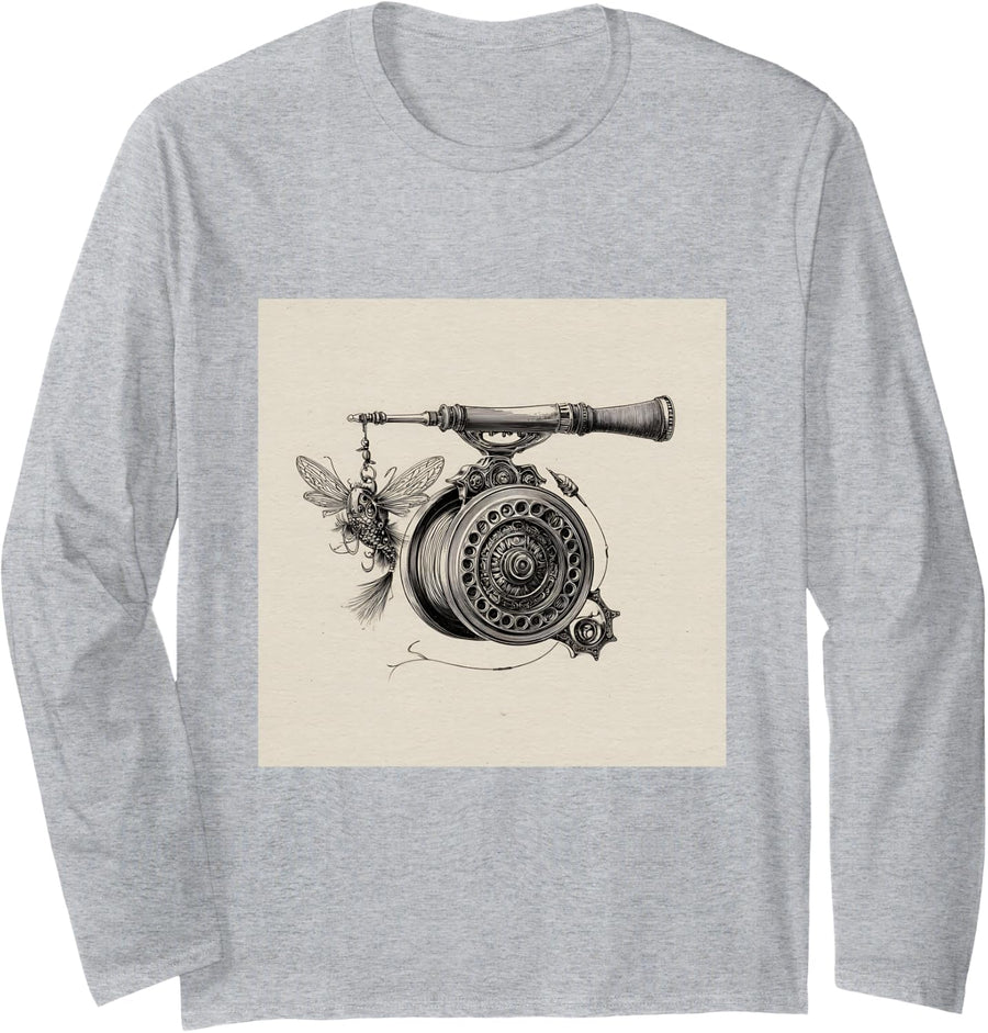 Fly Fishing Reel Flyfishing Rod Lure Long Sleeve T-Shirt - Adult Unisex Heather Grey