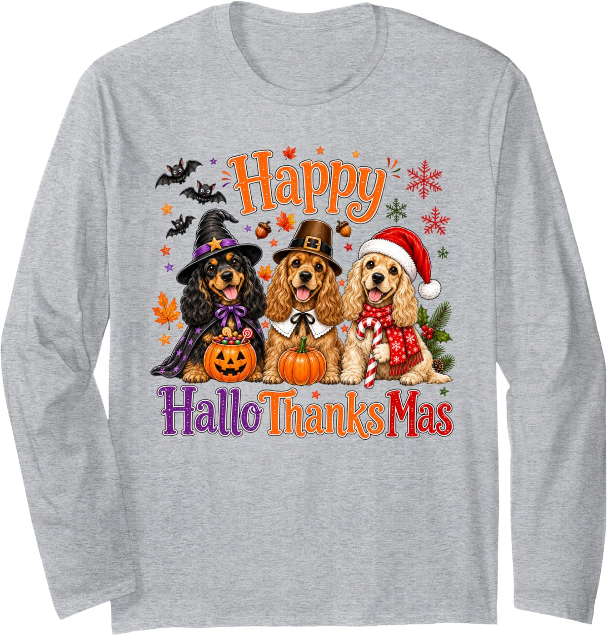 Cocker Spaniel Happy Hallothanksmas Halloween Thanksgiving Long Sleeve T-Shirt - Adult Unisex Heather Grey