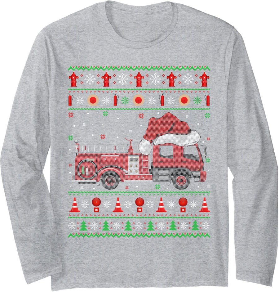 Xmas Sweater Style Fire Truck Firefighter Ugly Christmas Long Sleeve T-Shirt - Adult Unisex Heather Grey