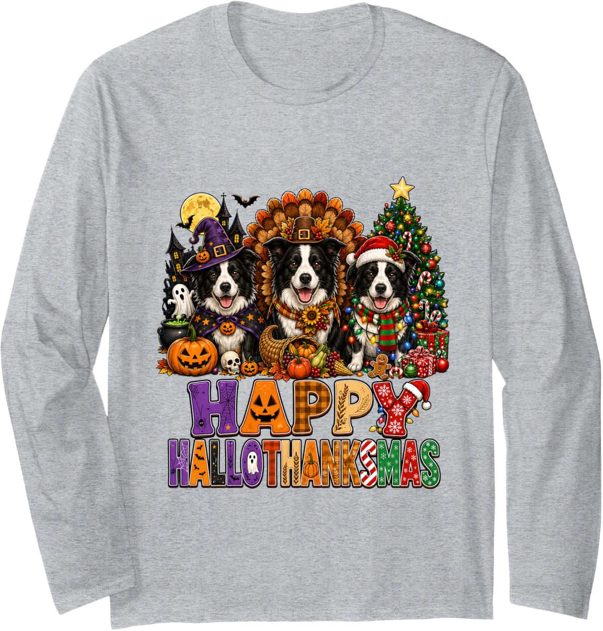 Happy Halloween Thanksgiving Christmas Border Collie Long Sleeve T-Shirt - Adult Unisex Heather Grey