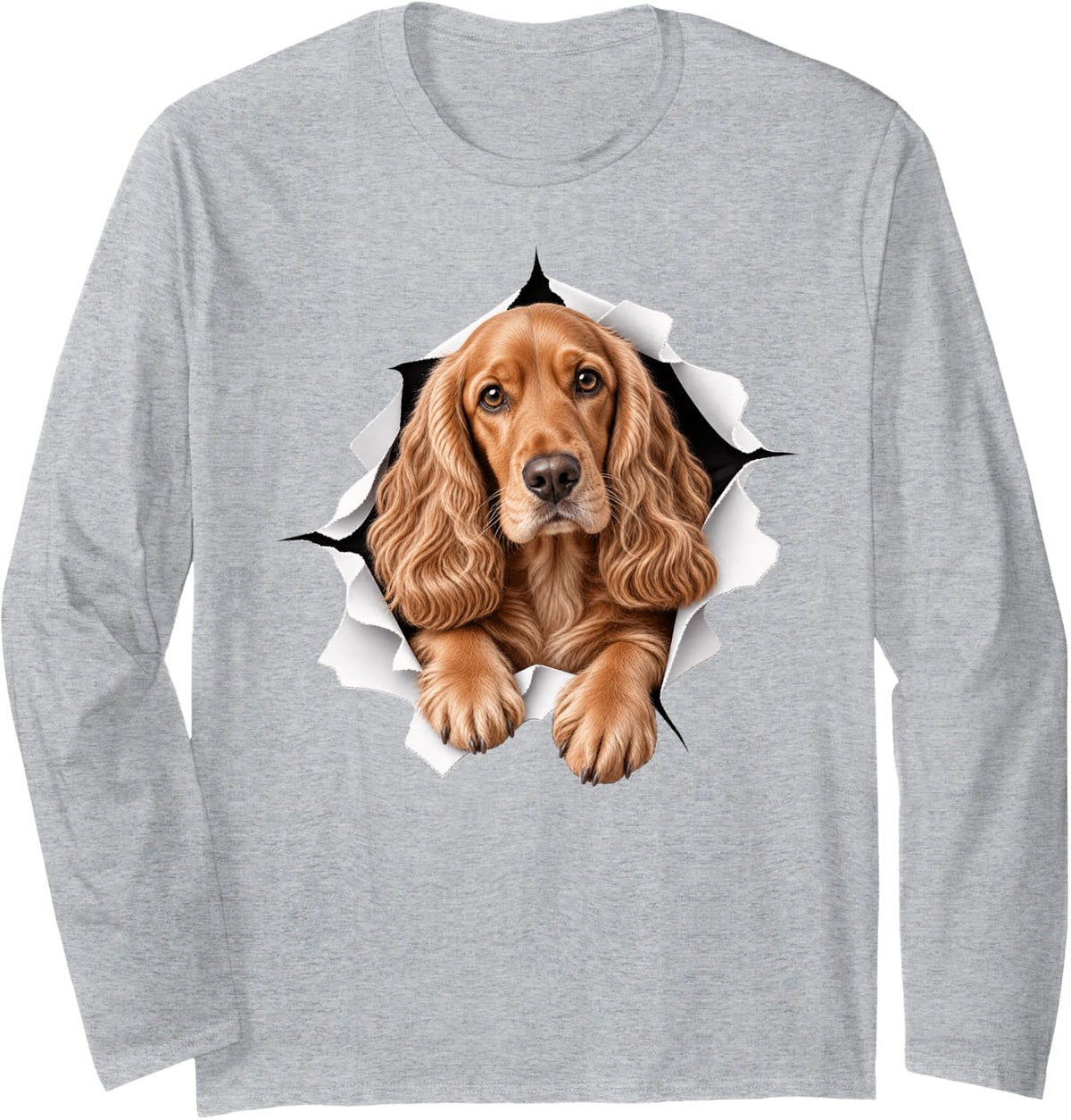 Funny English Cocker Spaniel Peeking Cute Dog Lover Mom Dad Long Sleeve T-Shirt - Adult Unisex Heather Grey
