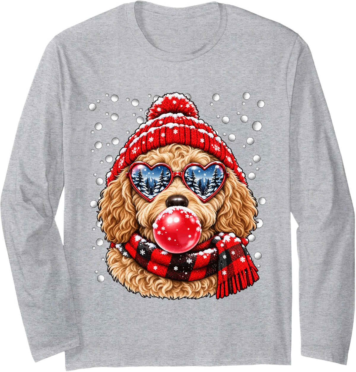 Snowy Goldendoodle with Bubblegum and Hearts Glasses Winter Long Sleeve T-Shirt - Adult Unisex Heather Grey