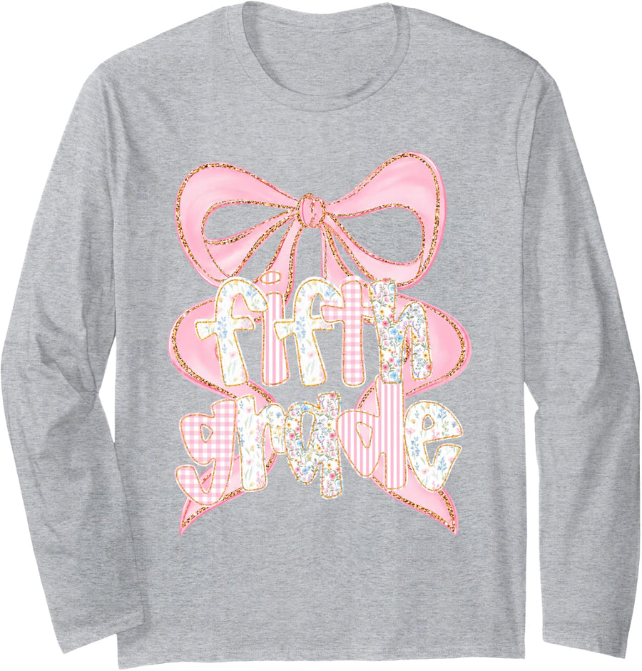 Preppy Fifth Grade Teacher 5th Grade Floral Coquette Bow Long Sleeve T-Shirt - Adult Unisex Heather Grey