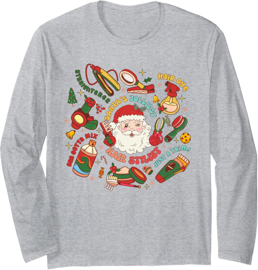 Santa's Jolliest Hair Stylist Christmas Merry Hairstylist Long Sleeve T-Shirt - Adult Unisex Heather Grey