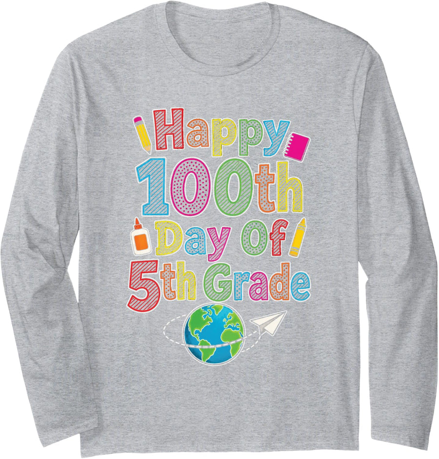 5th Grade Happy 100th Day of Elementary School Kids Long Sleeve T-Shirt - Adult Unisex Heather Grey
