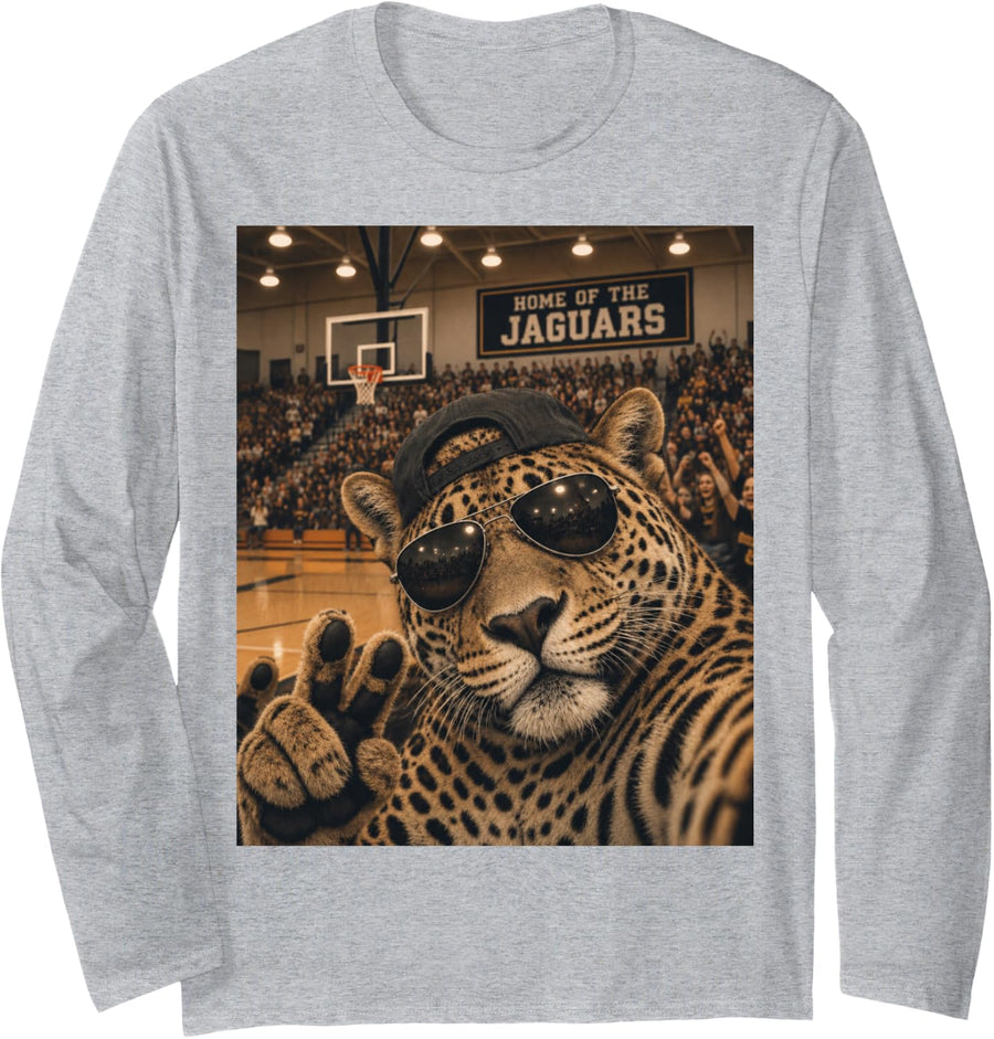 Jaguar Selfie Funny Basketball Vintage Game Day Cool Mascot Long Sleeve T-Shirt - Adult Unisex Heather Grey