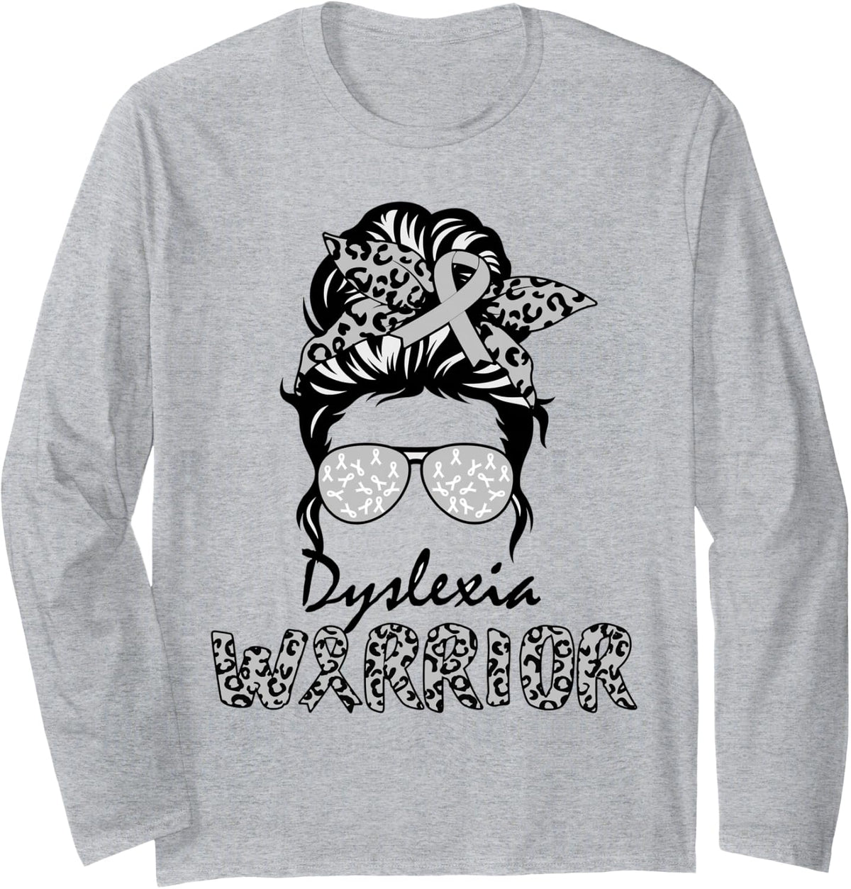 Dyslexia Awareness Silver Messy Bun Mom Warrior Long Sleeve T-Shirt - Adult Unisex Heather Grey