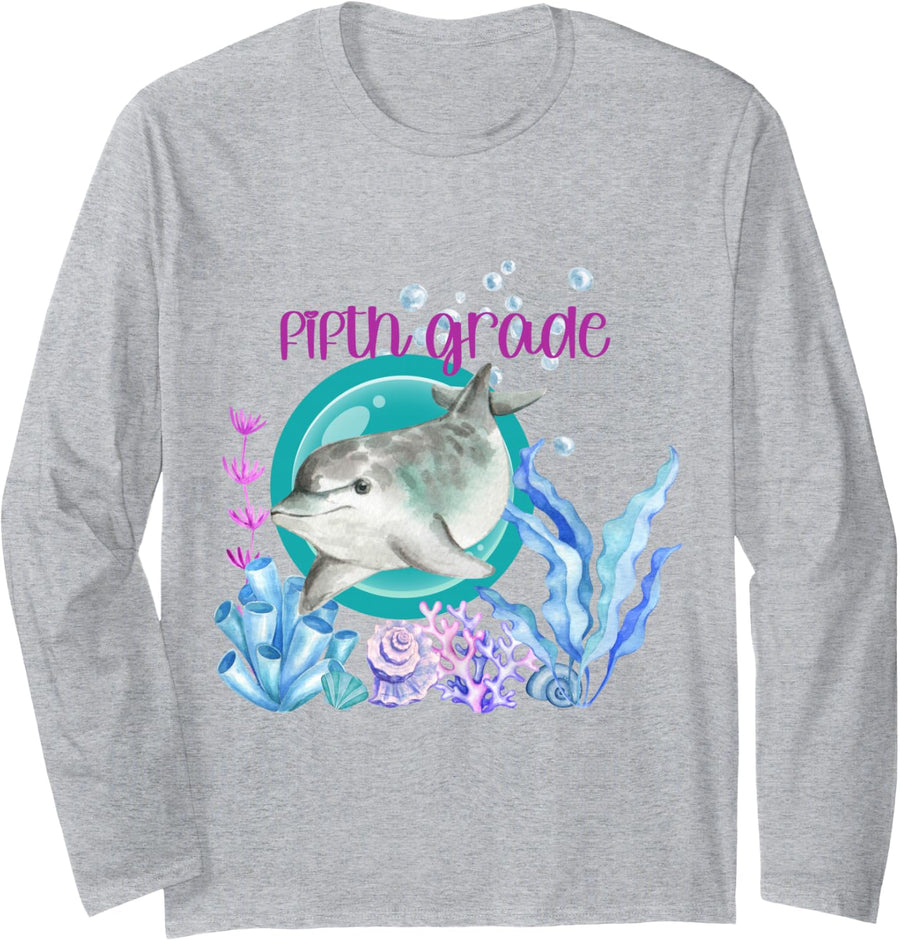 5th Grade Teacher Dolphin Ocean Life Teaching Team Spirit Long Sleeve T-Shirt - Adult Unisex Heather Grey